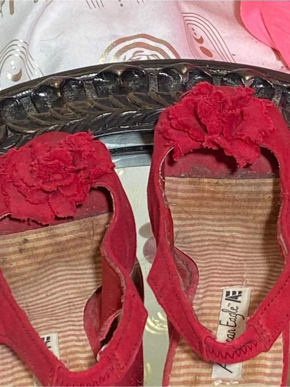 American Eagle Outfitters Red Slingback Wedge Sandals with Floral Accent